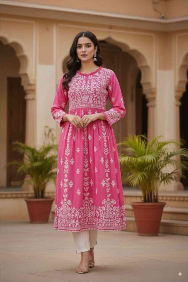 Pink Anarkali Kurti for Women – Elegant Cotton Kurta with White Embroidery