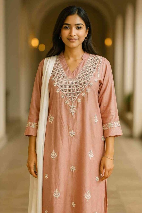 kurti palazzo set with dupatta, white thread embroidery