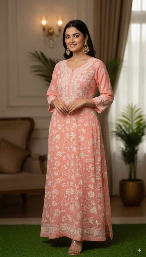 Designer Peach Anarkali Kurti with White Embroidery – Ethnic Party Wear Dress for Women