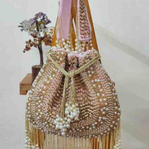 Handmade Pearl Potli Bag for Women | Designer Golden & Pink Beaded Purse for Wedding & Party Wear