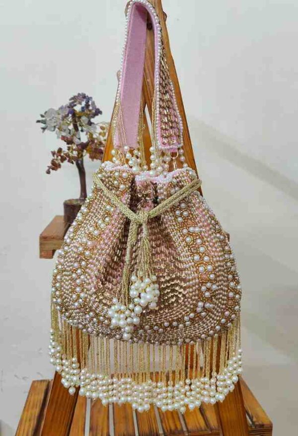 Handmade Pearl Potli Bag for Women | Designer Golden & Pink Beaded Purse for Wedding & Party Wear