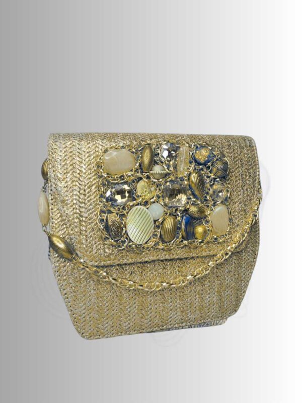 Luxury Golden Embroidered Clutch – Handcrafted Sequin & Stone Work Party Purse for Women
