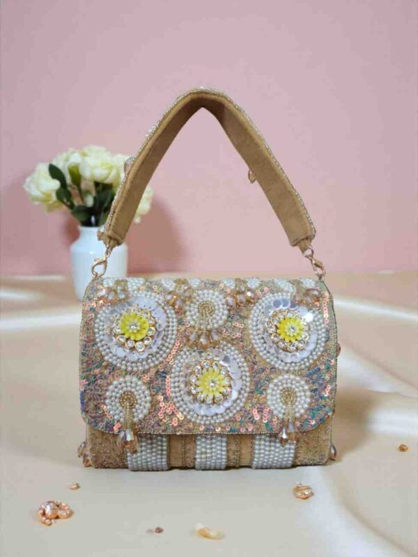 Luxury Raw Silk Handbag with Pearl & Sequin Embroidery