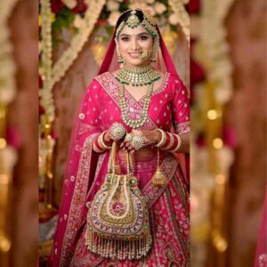 Pink and gold beaded bridal potli bag for wedding carried by Indian bride