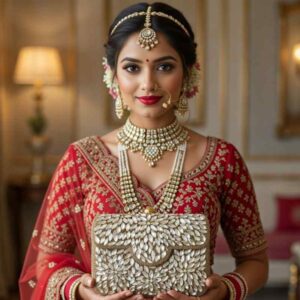 Gold bridal clutch for wedding with hand embroidery and stone work carried by Indian bride