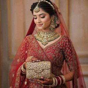 Gold bridal clutch for wedding with hand embroidery and stone work carried by Indian bride