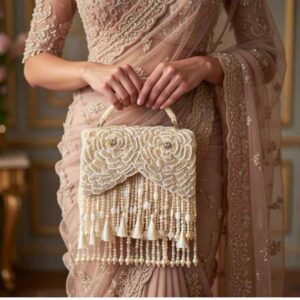 Pearl embroidered bridal bag for saree with tassel design held by bride
