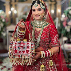 Red bridal beaded flap bag with pearl fringe for wedding and bridal wear